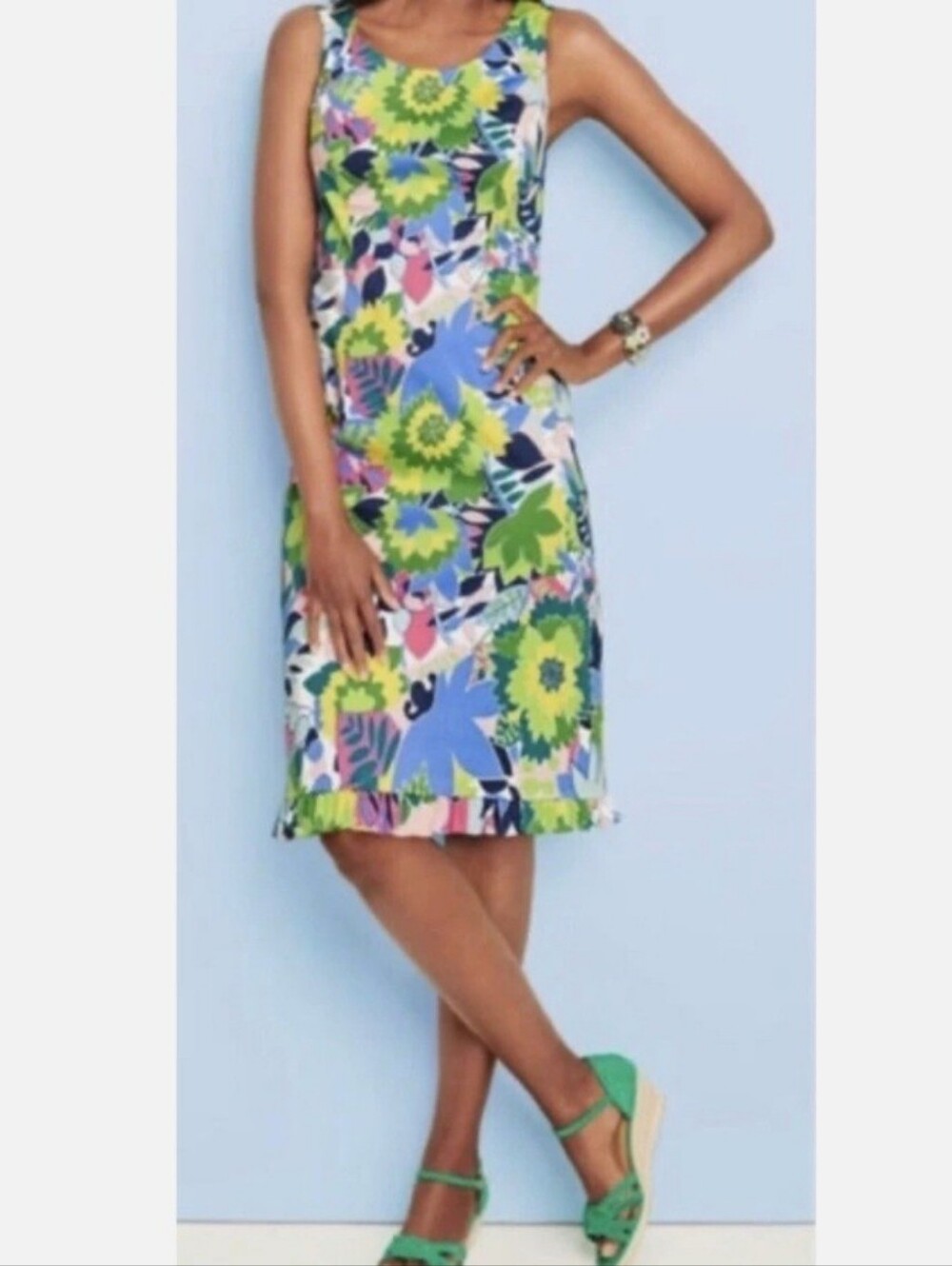 Talbots Womens Island Floral Sateen Sheath Dress Ruffle Bright Tropical Size 8P